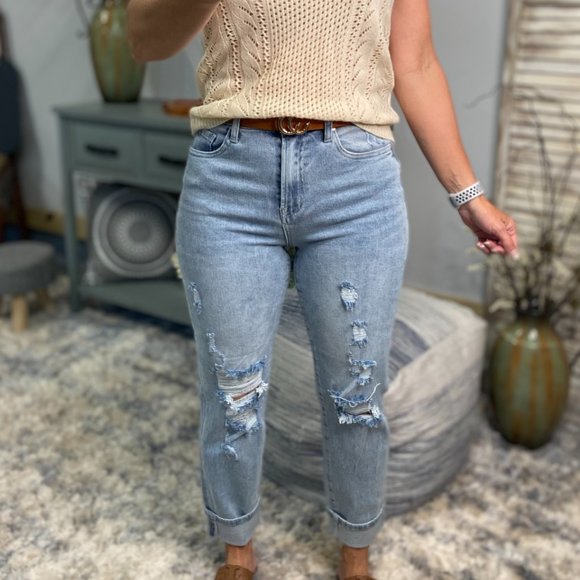 Risen High Rise Boyfriend Distressed Straight Stretch Jeans Light 2422 - Picture 8 of 13